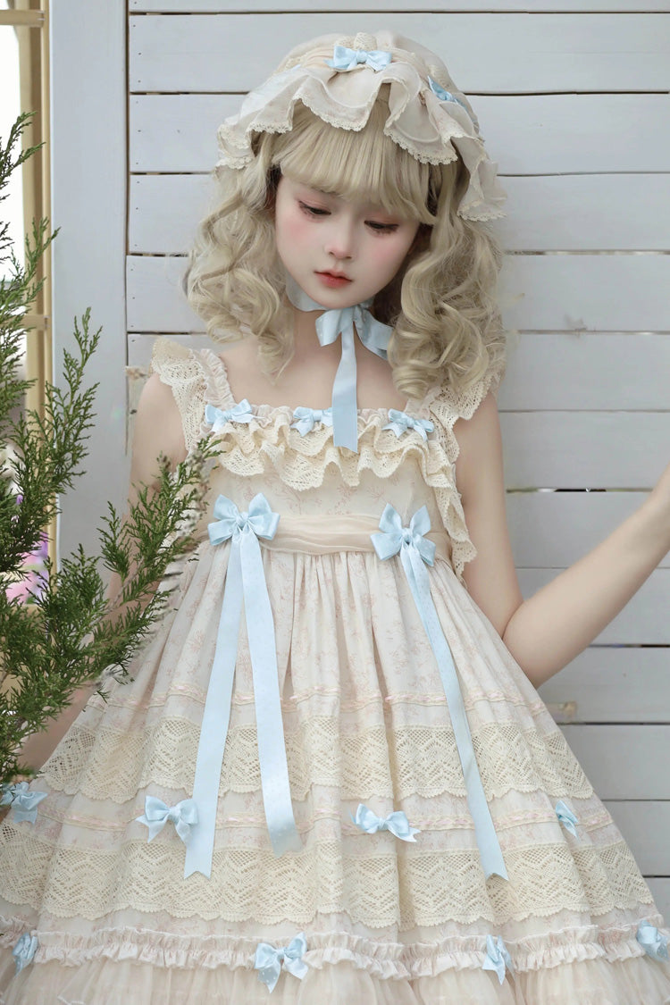 Beige [Little Wind Chime] Sleeveless Multi-Layered Printed Ruffled Bow Lace Sweet Elegant Princess Lolita Jsk Dress