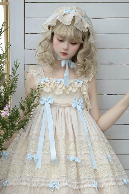 Beige [Little Wind Chime] Sleeveless Multi-Layered Printed Ruffled Bow Lace Sweet Elegant Princess Lolita Jsk Dress