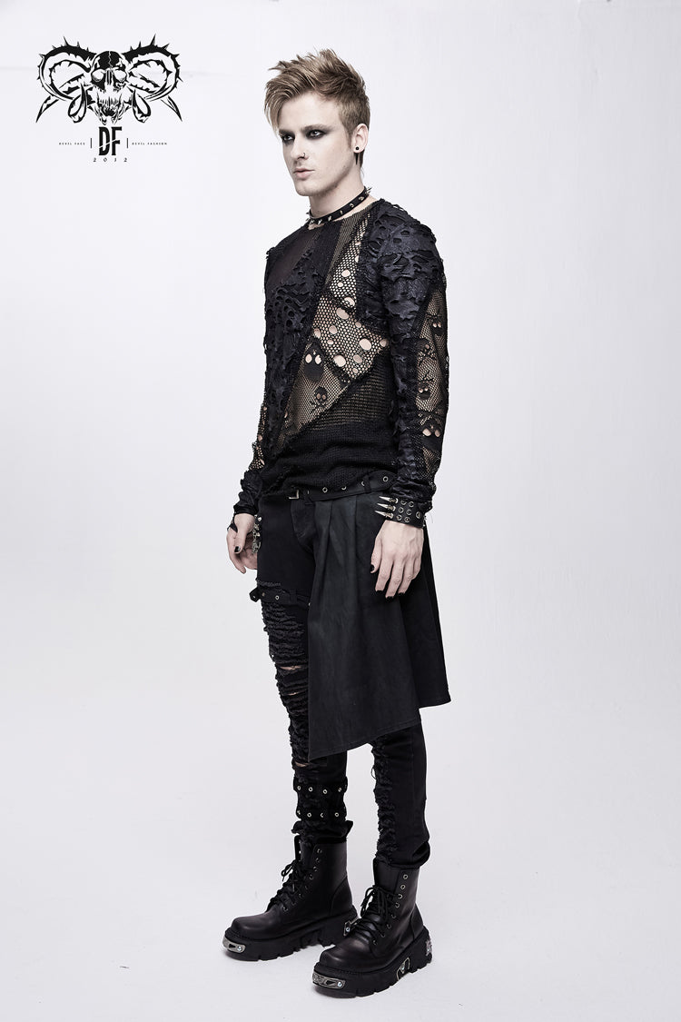 Black A Variety Of Mesh Materials Stitching Unedged Broken Holes Round Collar Men's Punk T-Shirt