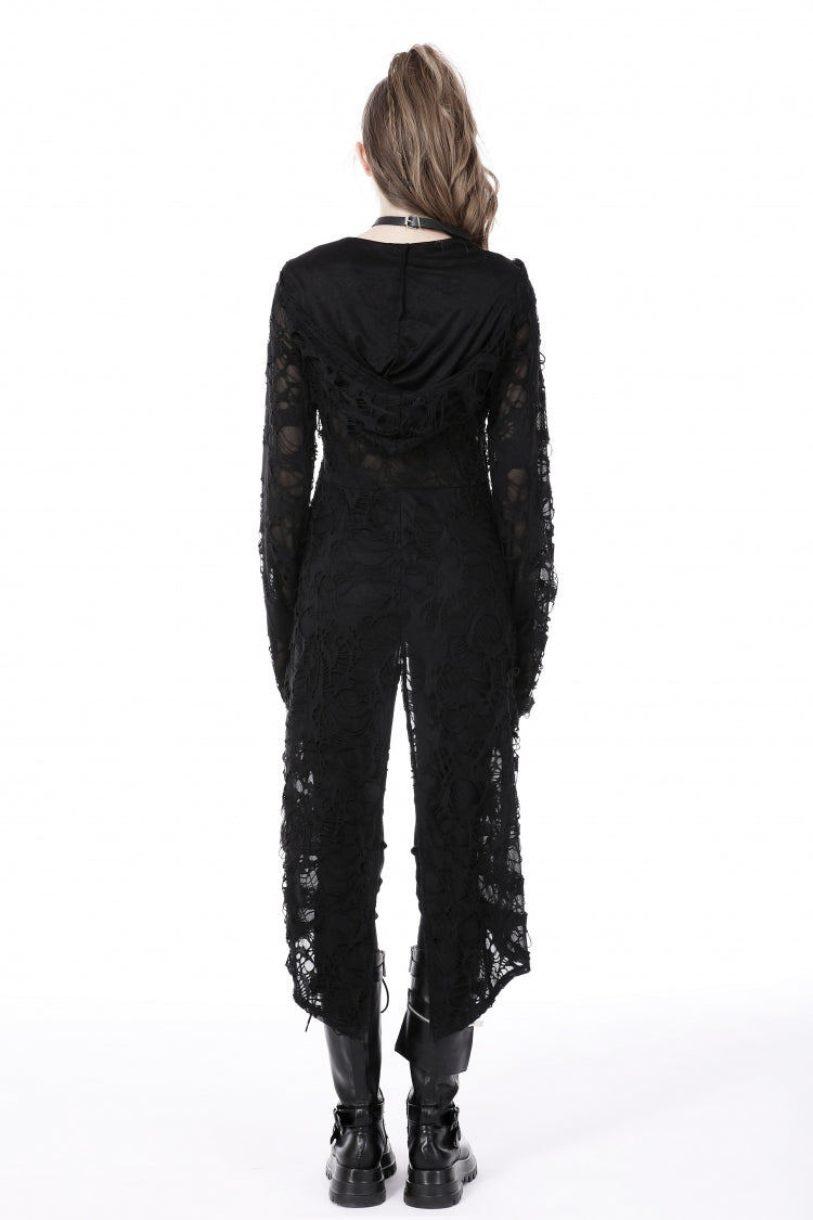 Black Long Sleeves Split Ripped Zippered Women's Punk Long Coat with Hood