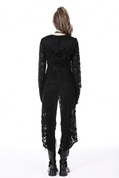Black Long Sleeves Split Ripped Zippered Women's Punk Long Coat with Hood
