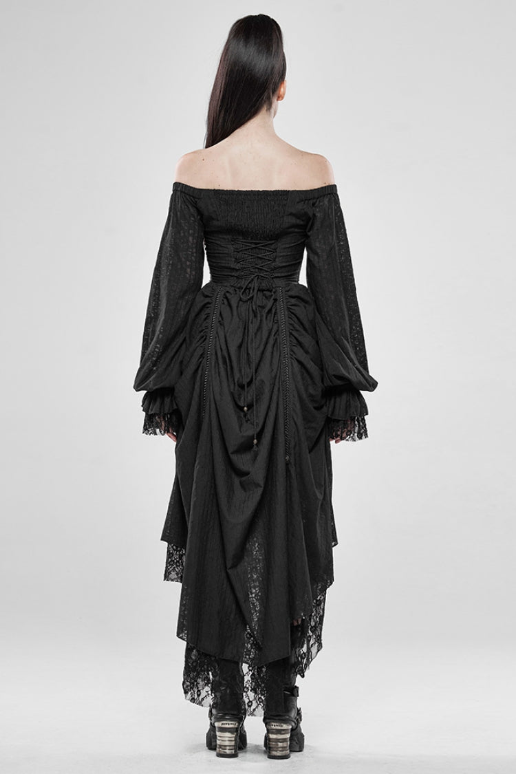 Black Off Shoulder Long Puff Sleeves Ruffle Mesh Women's Gothic Dress