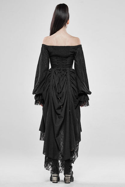 Black Off Shoulder Long Puff Sleeves Ruffle Mesh Women's Gothic Dress