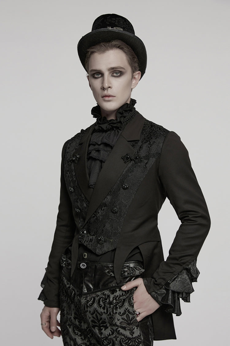 Black Lapel Collar Long Sleeves Frog Jacquard Embroidery Men's Gothic Coat