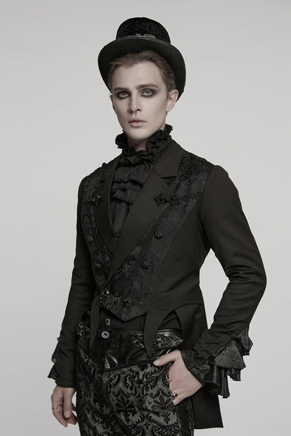 Black Lapel Collar Long Sleeves Frog Jacquard Embroidery Men's Gothic Coat