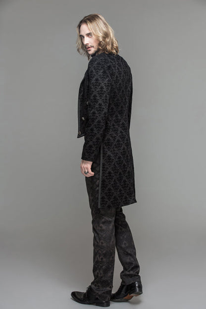 Black Gothic Floral Patterned Flocking Short Front And Long Back Open Mens Coat