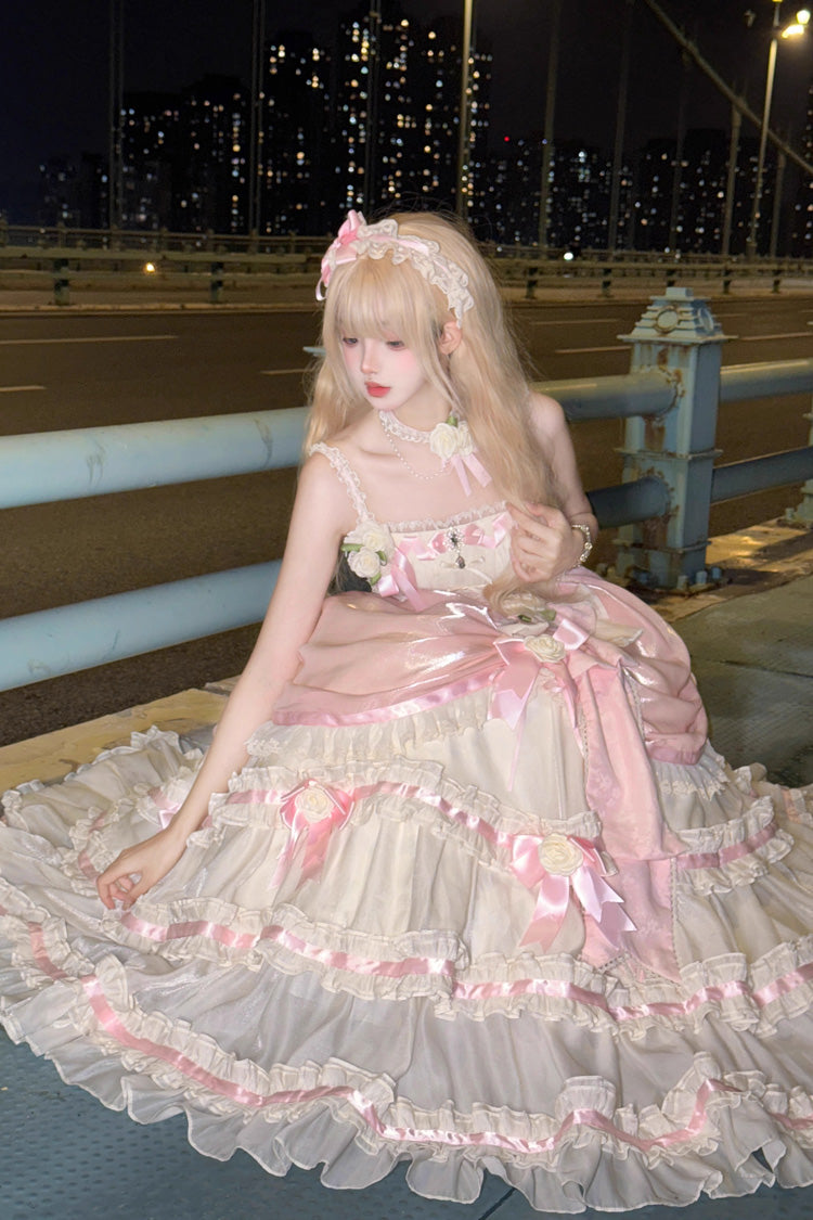 Apricot/Pink Multi-layer Ruffle Hanayome Bowknot Sweet Princess Gorgeous Long Lolita Jsk Dress
