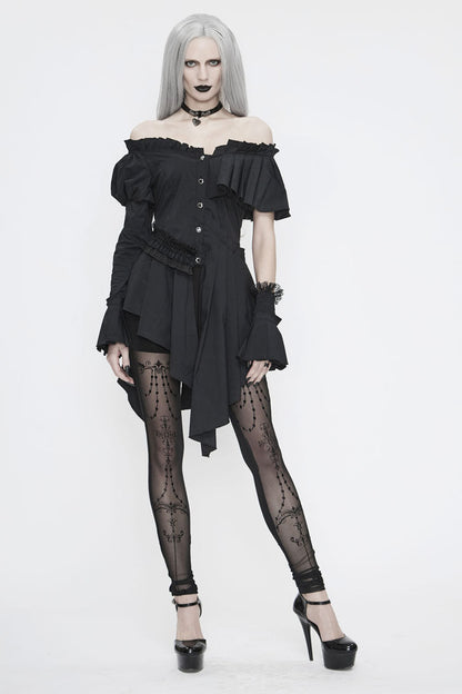 Black Off Shoulder Front Chest Frill Irregular Hem Women's Gothic Blouse