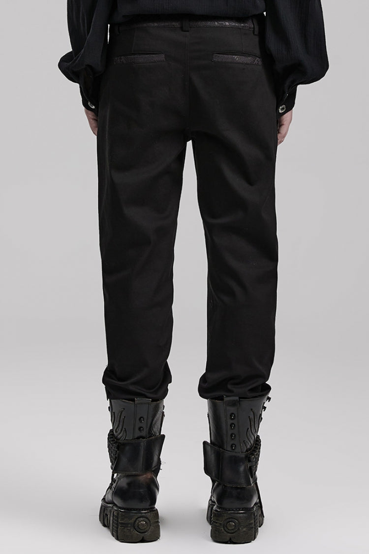 Black Leather Stitching Slim Front Zipper Men's Gothic Pants