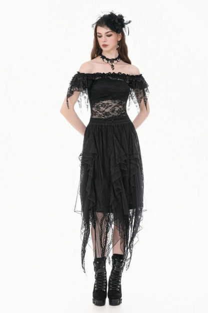 Black Off Shoulder Floral Sheer Lace Women's Gothic Top