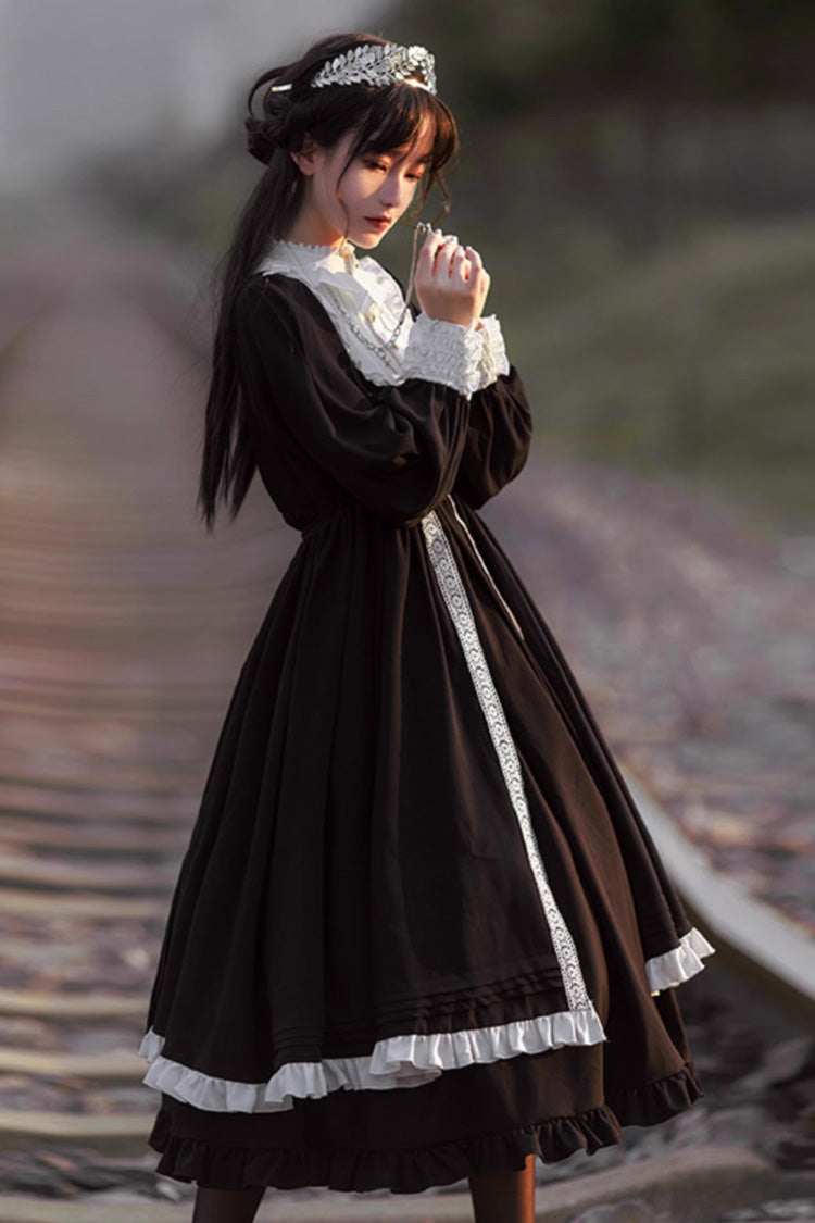 Black Bowknot Ruffled Nun Gothic Lolita Tiered Dress
