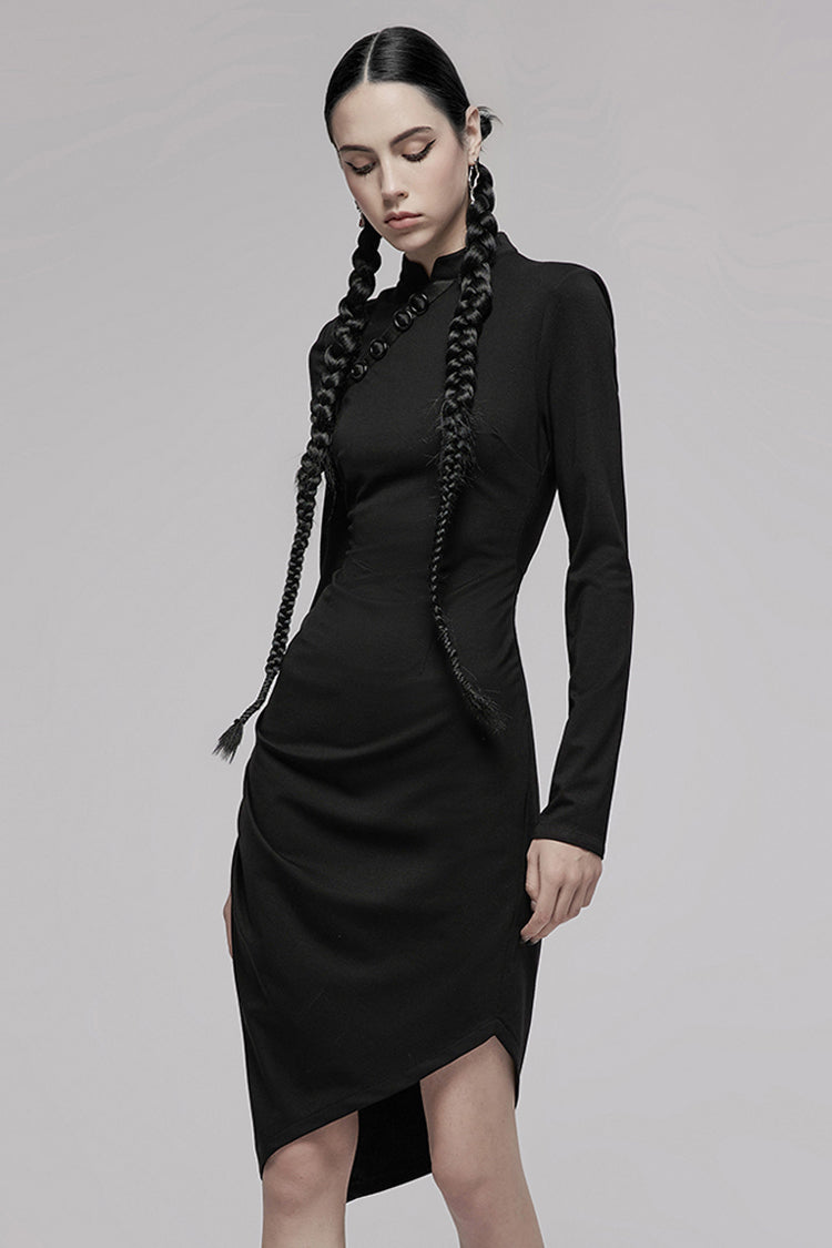 Black Improved Cheongsam Pointed Hem Drawstring Design Cheongsam Collar Long Sleeve Long Women's Punk Dress