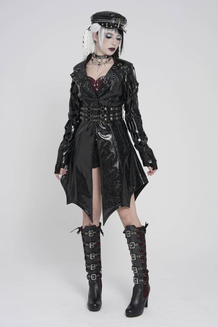 Black Lapel Collar Long Sleeves Lace-Up Irregular Eyelets & Rings Women's Punk Coat