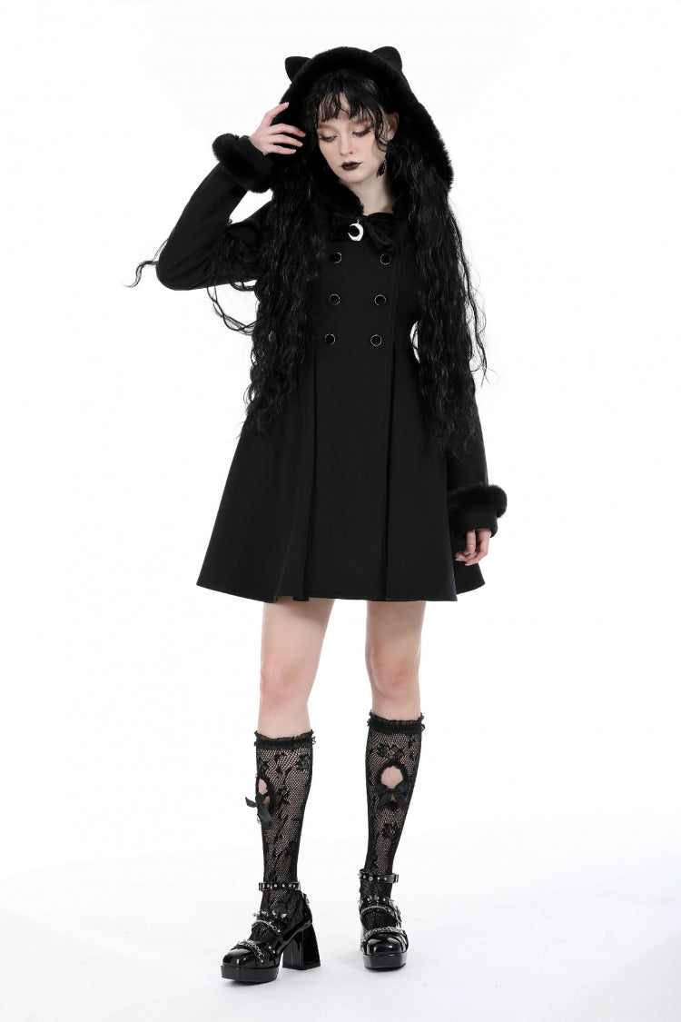 Black Long Sleeves Crescent Moon Bow Spliced Double-breasted Women's Gothic Coat with Cat Ear Hood