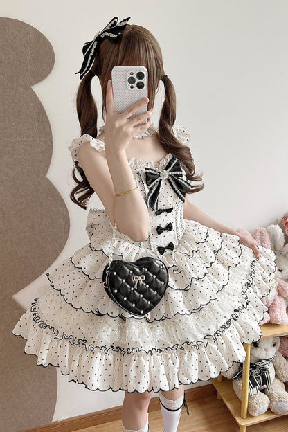 Beige Sleeveless Multi-Layered Polka Dots Printed Ruffled Bow Sweet Princess Lolita Jsk Dress