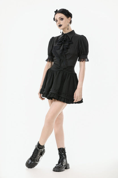 Black Point Lapel Collar Short Puff Sleeves Women's Gothic Blouse with Removable Rosette Cravat