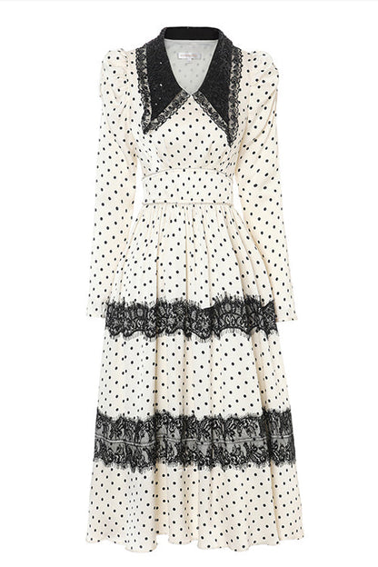 Beige/Black Doll Collar Vintage Lace Patchwork Polka Dot Print Long Sleeves High Waisted Long Sweet Lolita OP Dress