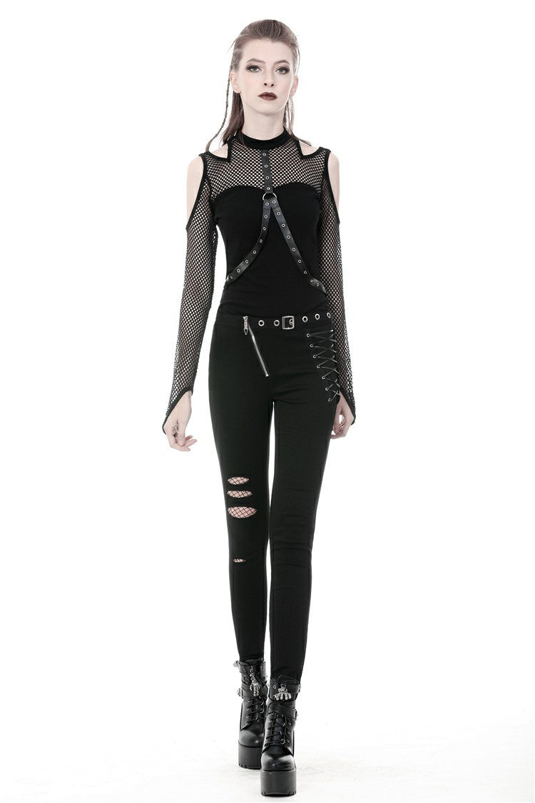 Black Off Shoulder Long Sleeves Mesh Crossed Harness Straps Eyelet Sexy Women's Punk Top