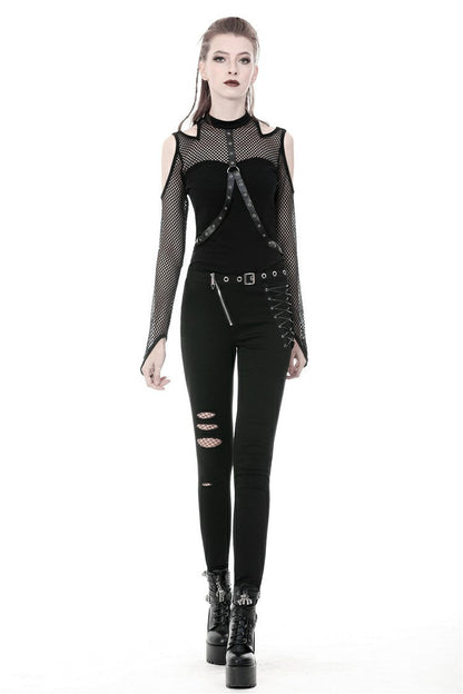 Black Off Shoulder Long Sleeves Mesh Crossed Harness Straps Eyelet Sexy Women's Punk Top
