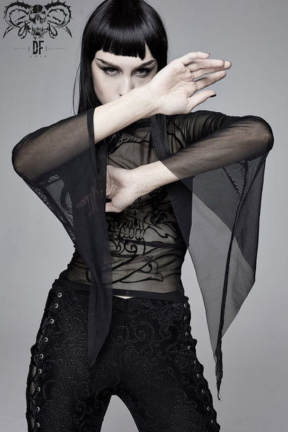 Black Mesh Horn Sleeve Snake Flocking Printed Women's Gothic Shirt