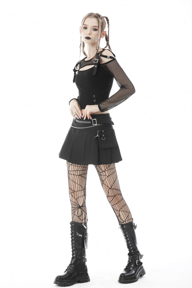 Black Pleated Big-pocket Chain-Decorated Women's Punk Mini Skirt with Belt