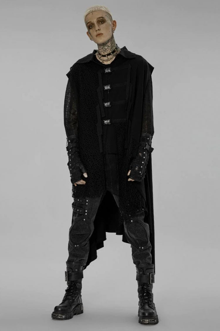 Black Lapel Collar Stitching Irregular Hem Webbing Buckle Mens Steampunk Vest