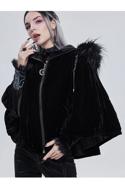 Black Gothic Velvet Collar Crescent Pendant Zipper Warm Short Women's Shawl