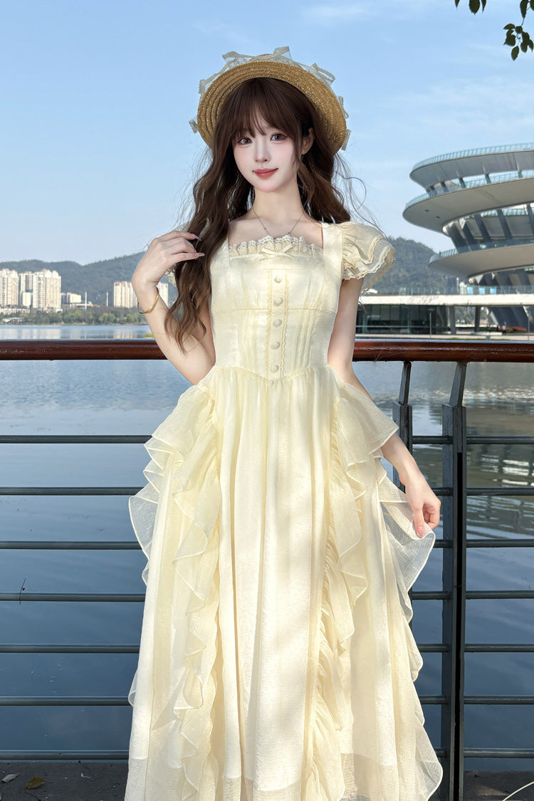 Apricot [Moonlight Beach] Square Collar Short Sleeves Ruffle Sweet Lolita Dress