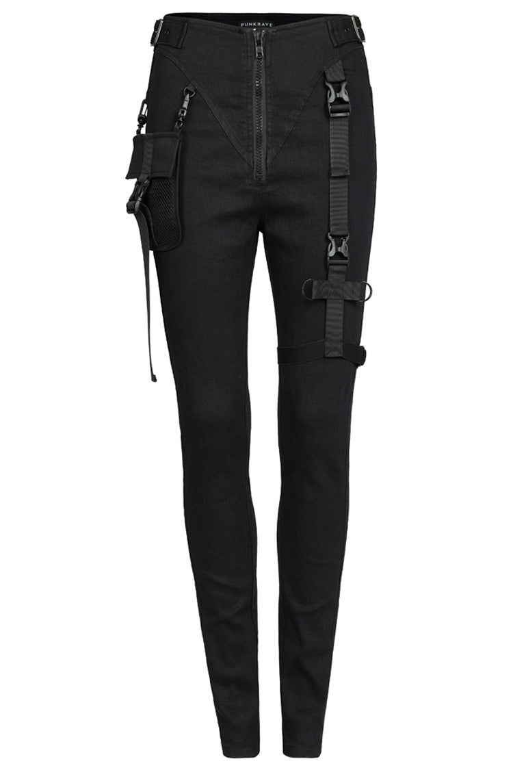 Black Functional Tooling Style Pocket Belt Trim V-Shaped Split Zipper Women's Punk Trousers