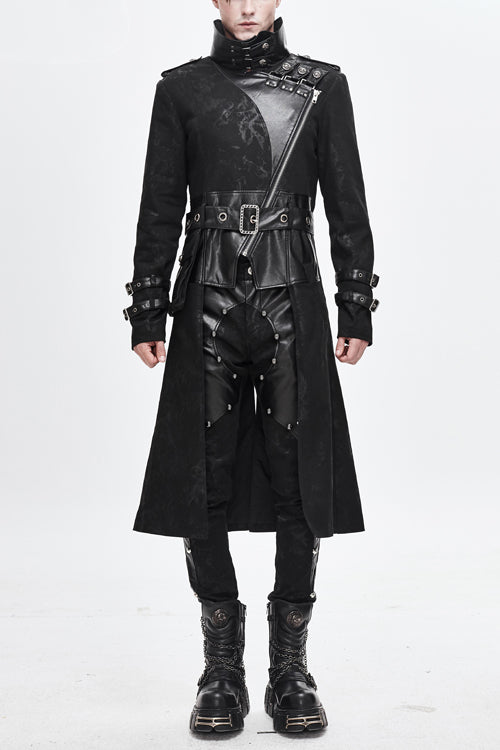 Black Open Collar Printed Belted Long Mens Punk Coat