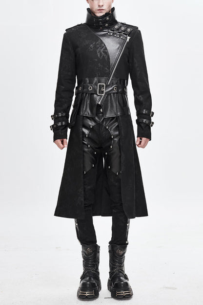 Black Open Collar Printed Belted Long Mens Punk Coat