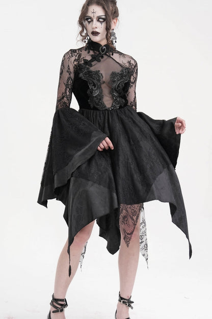 Black Long Sleeves Embroidery Lace Lace-Up Irregular Sheer Mesh Women's Gothic Dress