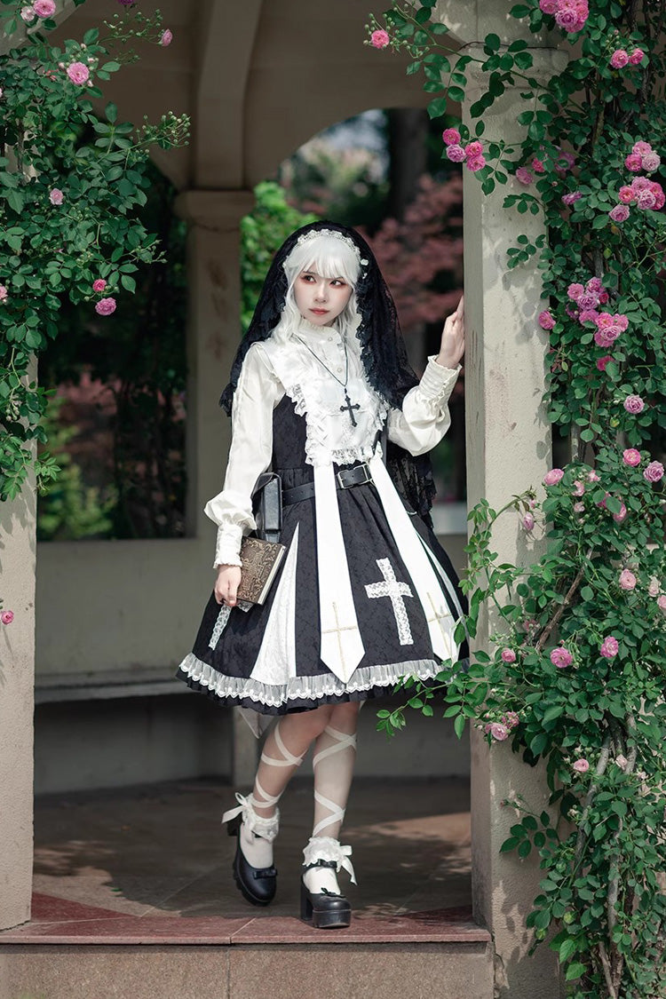 Black Paradise Cross Print Ruffle Sleeveless Gothic Lolita Dress