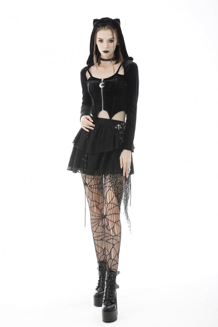 Black Long Sleeves Irregular Moon-shaped Zipper Women's Punk Crop Top with Cat's Ears Hood