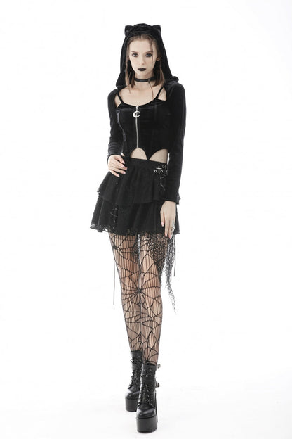 Black Long Sleeves Irregular Moon-shaped Zipper Women's Punk Crop Top with Cat's Ears Hood