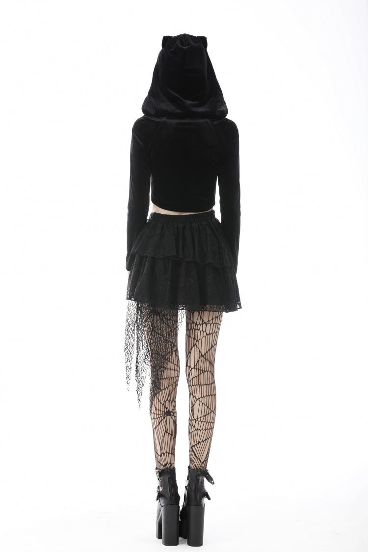 Black Long Sleeves Irregular Moon-shaped Zipper Women's Punk Crop Top with Cat's Ears Hood