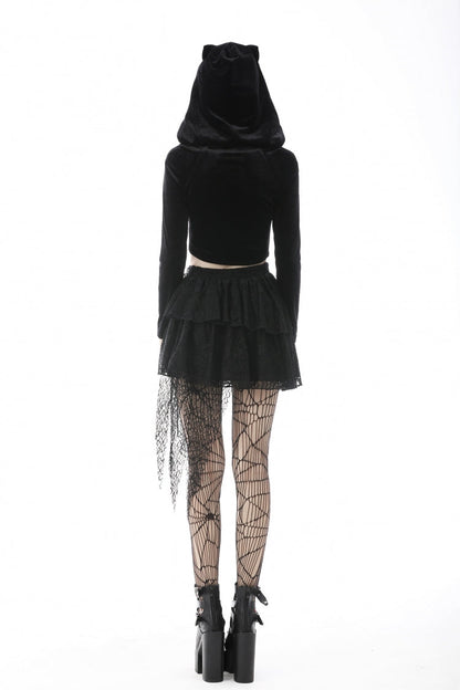 Black Long Sleeves Irregular Moon-shaped Zipper Women's Punk Crop Top with Cat's Ears Hood