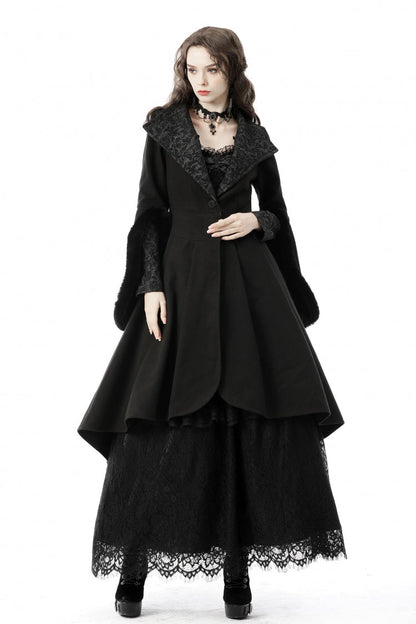 Black Lapel Collar Long Sleeves Women's Gothic High Low Woolen Dovetail Coat with Hood
