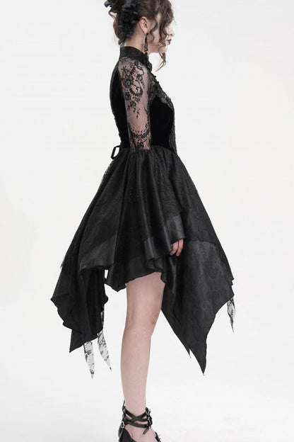 Black Long Sleeves Embroidery Lace Lace-Up Irregular Sheer Mesh Women's Gothic Dress