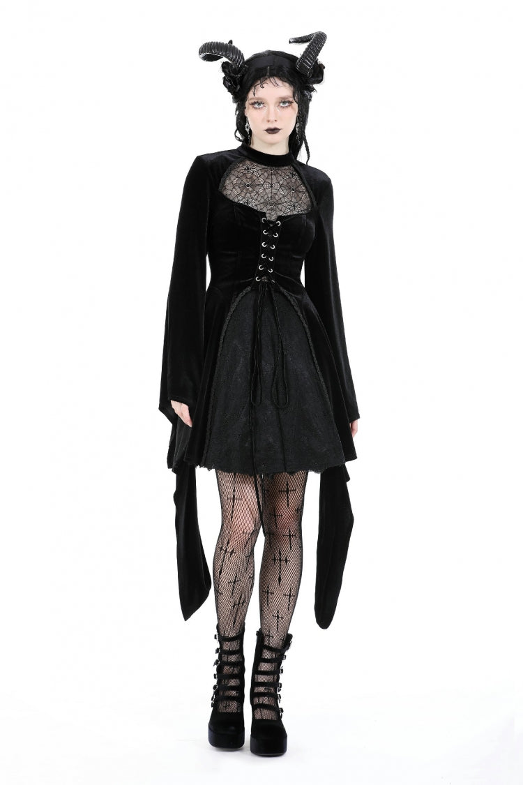 Black Long Trumpet Sleeves Spliced Lace-Up Spider Mesh Women's Gothic Velvet Wedding Dress