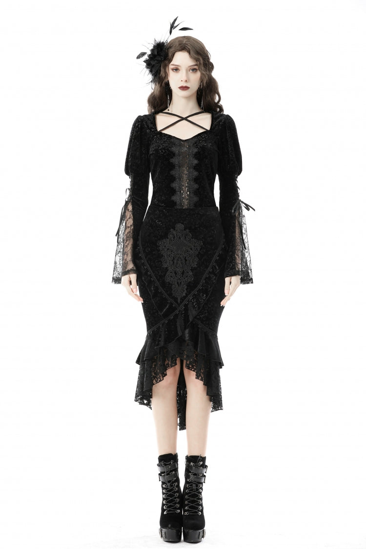 Black Jacquard Lace Lace-Up Women's Gothic Dovetail Wrap Skirt