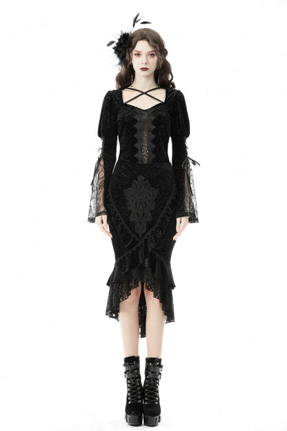 Black Jacquard Lace Lace-Up Women's Gothic Dovetail Wrap Skirt