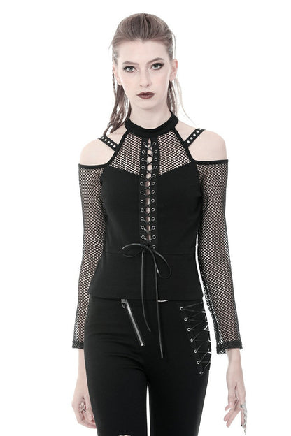 Black Off Shoulder Long Sleeves Lace-Up Mesh Women's Punk Top