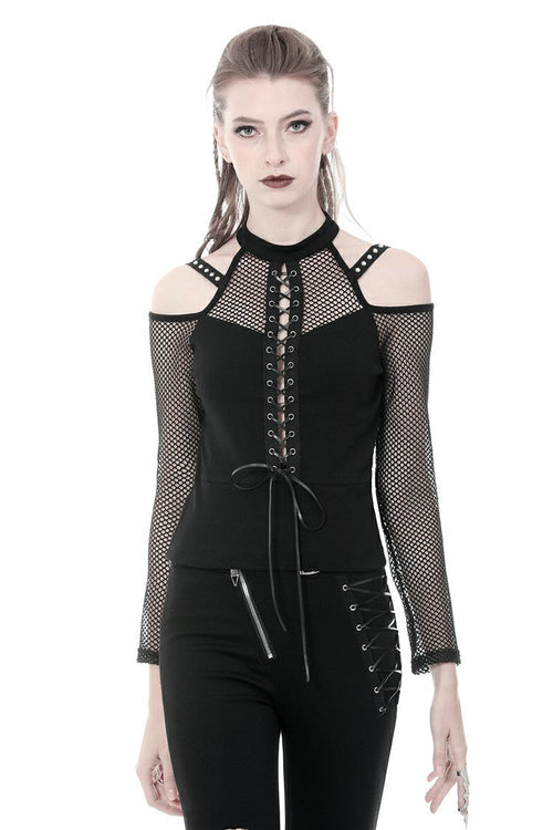 Black Off Shoulder Long Sleeves Lace-Up Mesh Women's Punk Top