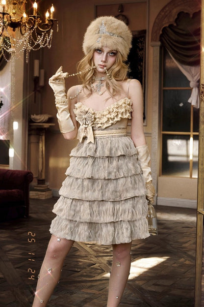 Beige [Slavic Noble Lady] Sleeveless Multi-Layered Ruffled Bow Sweet Elegant Lolita Jsk Dress
