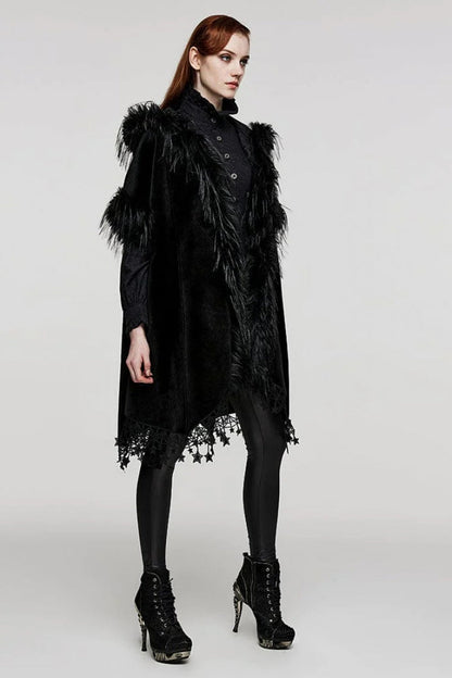 Black Bat Sleeves Tassel Faux Fur Stitching Lace Hooded Womens Gothic Elegant Cloak