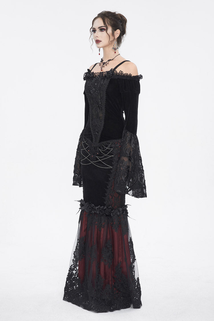 Black Off Shoulder Trumpet Sleeves Embroidery Lace Women's Gothic Blouse