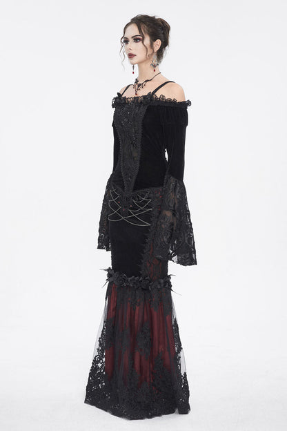 Black Off Shoulder Trumpet Sleeves Embroidery Lace Women's Gothic Blouse