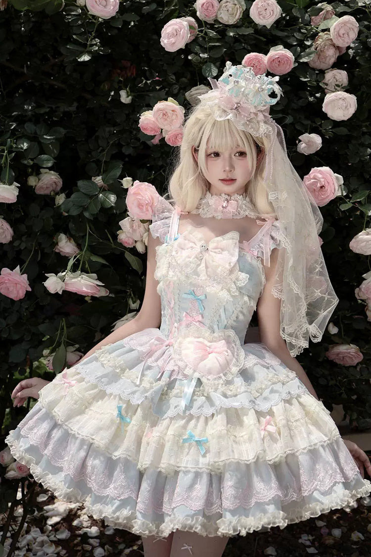 Bkue/Pink [Cloudwhale Dreamweaver] Square Collar Multi-Layered Ruffled Bow Lace Sweet Lolita Jsk Dress