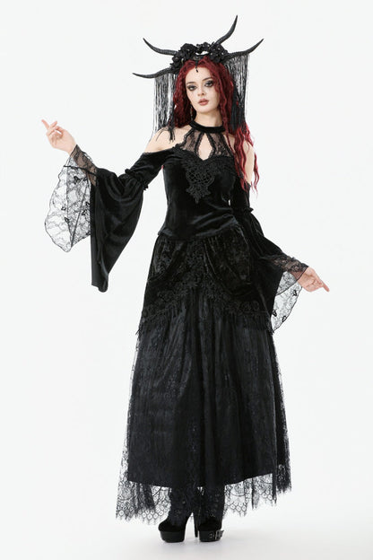 Black Off Shoulder Halterneck Long Trumpet Sleeves Cut-Out Lace Spliced Velvet Gothic Palace Top